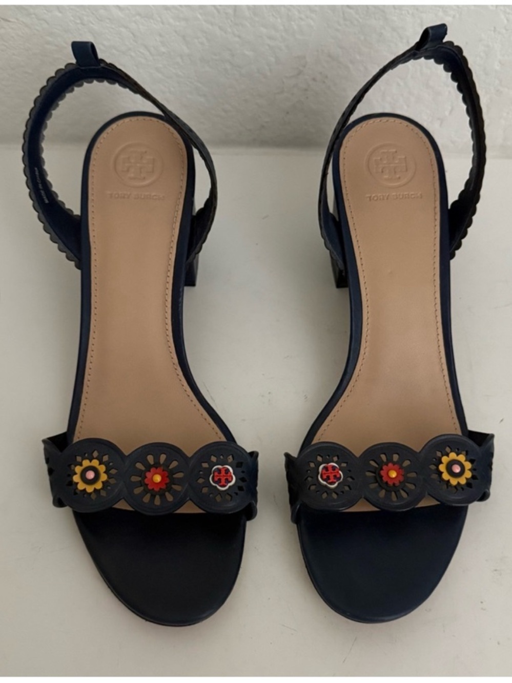 TORY BURCH Marguerite Perforated Floral Navy Blue Slingback Block Heel Sandal 10